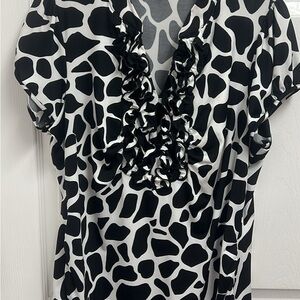 Black and White Ruffle V-Neck Top